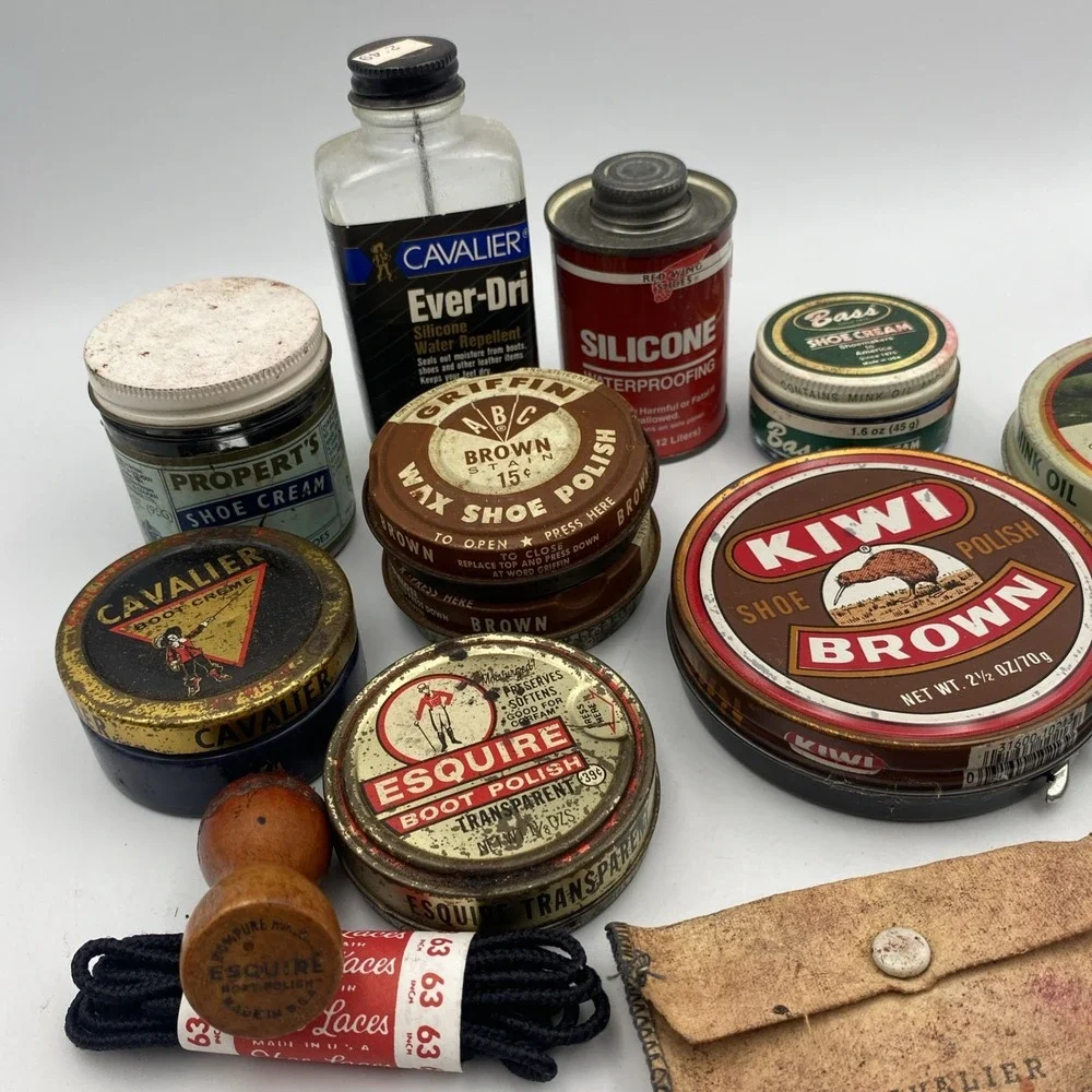 Lot of‎ 14 Vintage Shoe Shine Boot Polishes Kiwi Esquire Cavalier Brush Sno-Bag